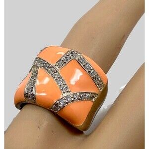 Wide Ring, Peach Enamel, Sterling Silver, Vintage Ring, Size 8, Crystals